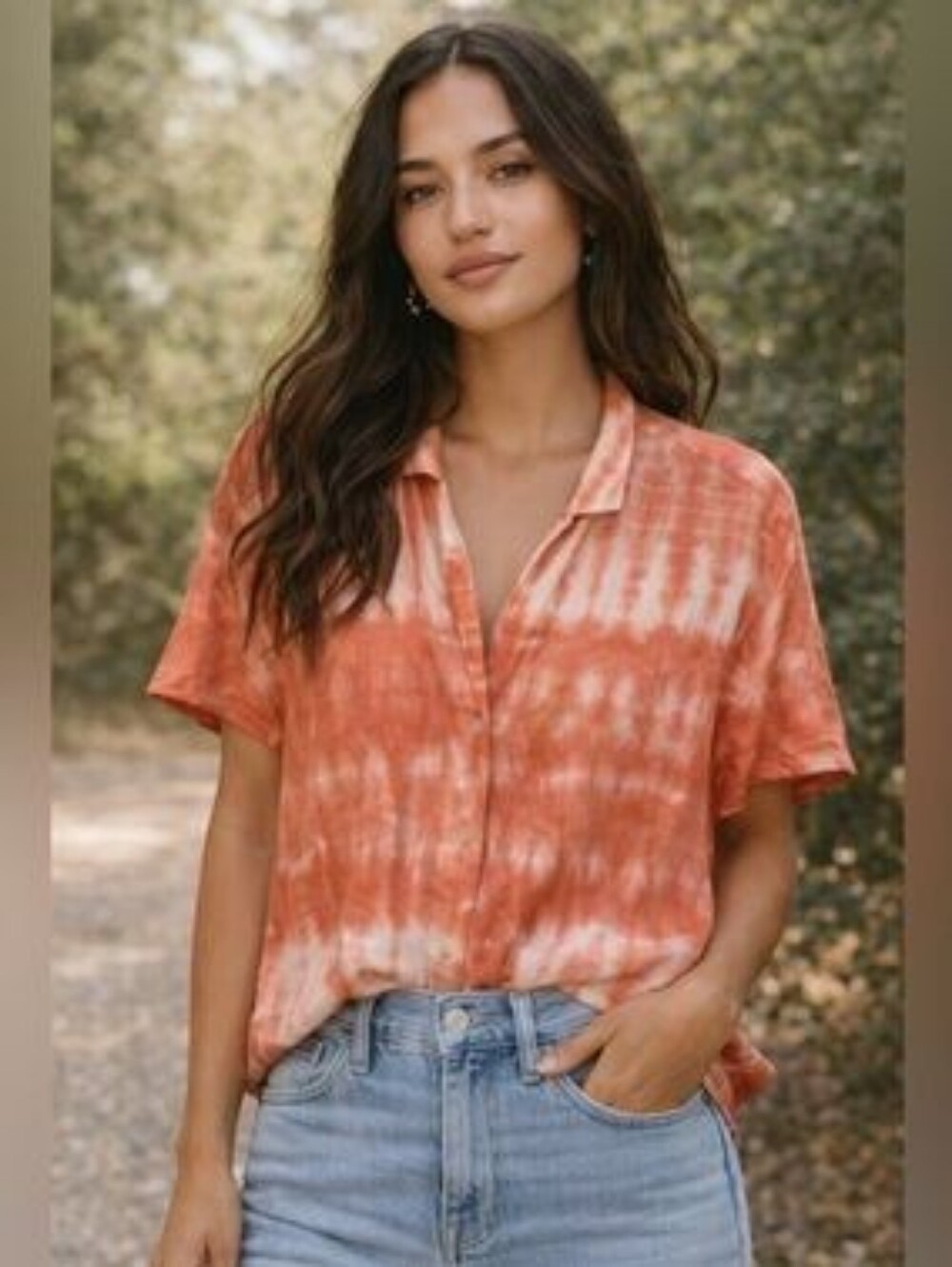 Anthropologie Cloth & Stone Tie Dye Crop Button Top Tencel Boho Resort Blouse